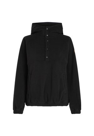 Pull en polaire noir avec un col montant, doté d'une fermeture à boutons à l'avant, de poches latérales et de poignets élastiques. Texture lisse et coupe décontractée.