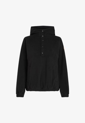 Mustap fleece-pulloveri, jossa on korkea kaulus, napitettu etulista, sivutaskut ja elastiset hihansuut. Sujuva pinta ja rento leikkaus.