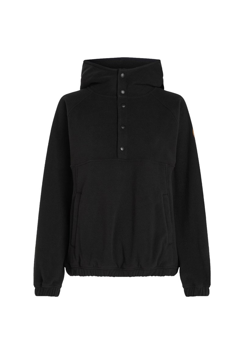 Schwarzer Fleece-Pullover mit hohem Kragen, versehen mit einer durch Knöpfe verschlossenen Vorderseite, seitlichen Taschen und elastischen Bündchen. Glatte Textur und lockere Passform.