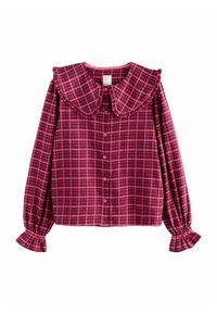 Sarkans un jūras akmens krāsas skaitļots blūze ar lielu, kroku apakšmalu, ar pogu aizdari un plecu krokiem. Izgatavots no mīksta auduma.