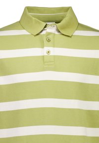 Groen-wit gestreept poloshirt met een kraag en een klep met drie knopen, gemaakt van zachte katoenen stof.