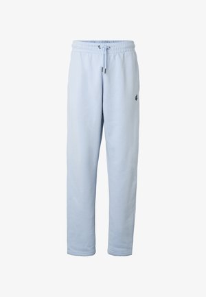 Hele sinised dressipüksid elastse vöökohaga, reguleeritava nööriga, sirgete säärtega ja väikese musta logoga vasaku reie ülaosas.