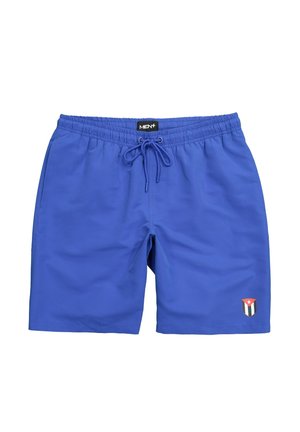 Costume da bagno da uomo blu con vita elastica, coulisse, tasche laterali e un piccolo emblema della bandiera cubana sulla gamba sinistra.