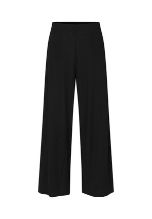 Černé kalhoty s širokými nohavicemi, vysokým pasem a hladkým předním dílem, navržené pro pohodlný střih a elegantní siluetu.