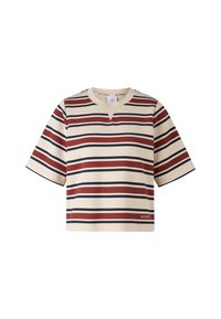 Short-sleeve, cropped t-shirt in cream with horizontal stripes in red, navy, and beige. Features a V-neck and subtle logo at the hem.