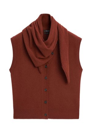 Maglione senza maniche marrone in maglia con colletto a sciarpa drappeggiato, dotato di bottoni frontali e orlo a coste. Tessuto morbido, stile informale.