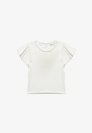 Biała bluzka z krótkim rękawem z falbankami, okrągłym dekoltem i subtelnym haftem kwiatowym z przodu. Miękki, teksturowany materiał.