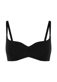 Schwarzer kabelloser BH aus glattem Stoff, mit verstellbaren Trägern, konturierten Cups und nahtlosem Design. Schlichter und funktioneller Stil.