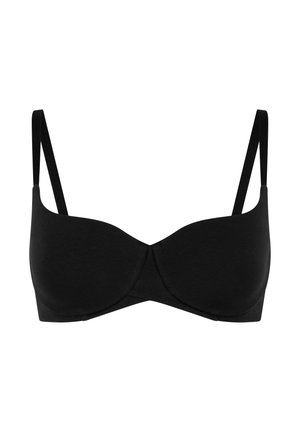Soutien-gorge sans fil noir en tissu lisse, doté de bretelles réglables, de bonnets moulés et d'un design sans couture. Style simple et fonctionnel.
