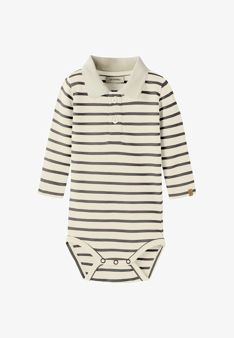 Body bébé à manches longues avec des rayures horizontales beige et gris foncé, col, deux boutons devant et trois pressions en bas.