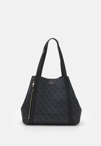 Sac fourre-tout Guess noir avec double anses, poche zippée à l'avant et design de logo à motifs subtils sur toute la surface.