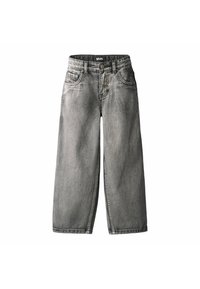 Gray denim wide-leg pants with a classic five-pocket design, a button closure, and a slightly faded texture on the fabric.