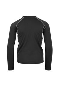 Chemise noire à manches longues en tissu lisse, avec des manches raglan et des détails de couture grise le long des coutures.