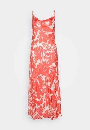 Virágos maxi ruha spagetti pántokkal, élénk korall és fehér mintával. Könnyű, lebegő anyag lágy tapintással.