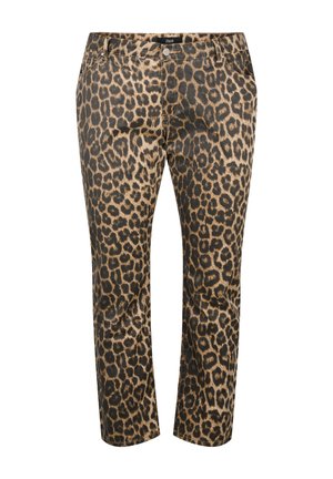 Leopardenmuster-Hosen aus leichtem Stoff mit figurnaher Passform, fünf Taschen und einem Knopfverschluss in einer neutralen Farbauswahl.