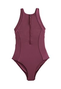 Maillot de bain une pièce bordeaux avec fermeture éclair frontale et détails de coutures roses, conçu pour un usage sportif ou décontracté.
