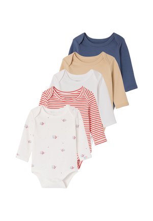 Fünf langärmelige Babybodys in gestapelter Anordnung, Farben und Muster umfassen Blau, Beige, Weiß, Rot gestreift und Weiß mit Fischmotiven.