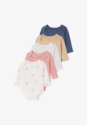 Five long-sleeve baby bodysuits in stacked layout, colors and patterns include blue, beige, white, red stripes, and white with fish prints.
