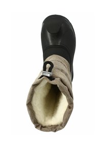 Schwarzer wasserdichter Stiefel mit grauem Stoffoberteil, gesteppter Textur und weichem weißem Futter. Verstellbarer Oberteil mit Schlaufe zum Festziehen.