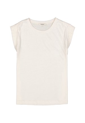 T-shirt blanc à manches courtes avec des accents en tissu texturé sur les épaules. Matériau doux, col rond et coupe régulière. Design simple.