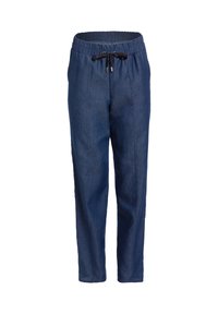 Niebieskie codzienne spodnie z elastycznym pasem i czarnym sznurkiem, prosty krój i detale szwów z przodu.