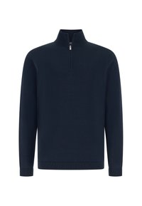 Pull-over bleu marine à manches longues avec col à demi-fermeture éclair et poignets et ourlet côtelés.