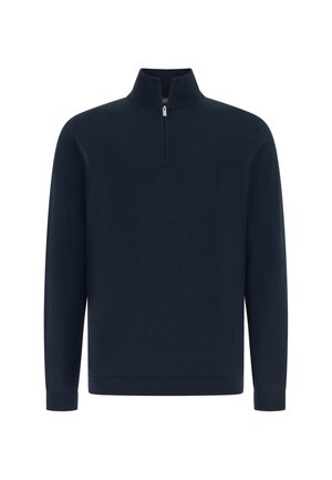 Pull-over bleu marine à manches longues avec col à demi-fermeture éclair et poignets et ourlet côtelés.