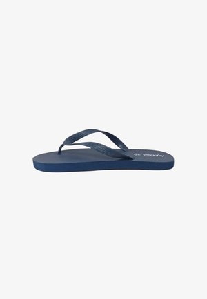 Sandalo infradito blu navy singolo con cinturini testurizzati e suola piatta, visto di lato su sfondo bianco semplice.