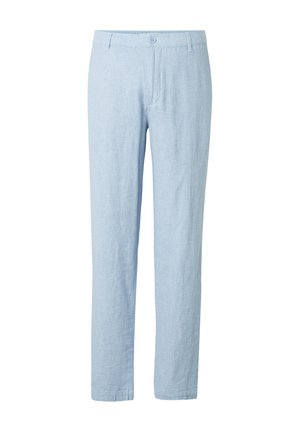 Lyseblå rette bukser med knapp- og glidelåslukking, beltestropper og frontlommer.