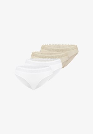 Set van vier damesbikini's met kanten afwerking in wit en beige, afwisselend gerangschikt tegen een witte achtergrond.