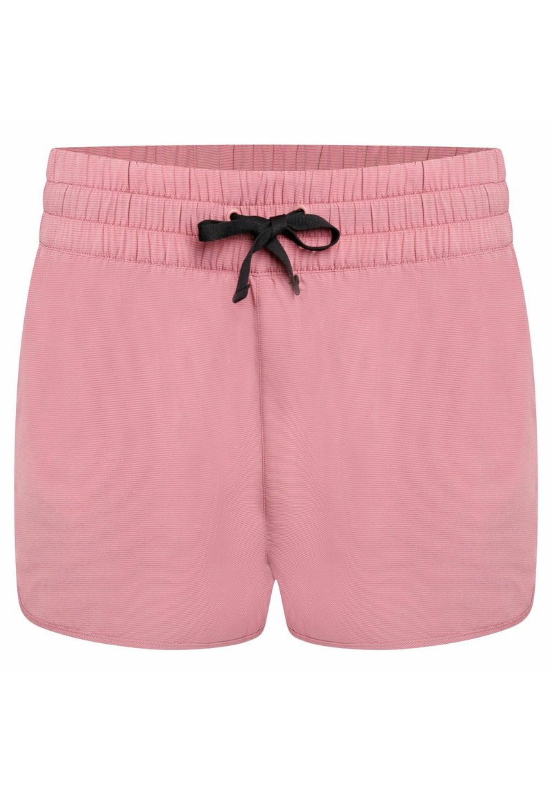 Pantalones cortos rosas con textura acanalada, con un cordón negro y cintura elástica. El diseño es simple y sin adornos.