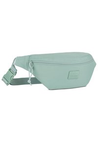 Minzově zelená ledvinka vyrobená z odolné látky, vybavená přední kapsou na zip, nastavitelným popruhem a značkovým štítkem na boku.