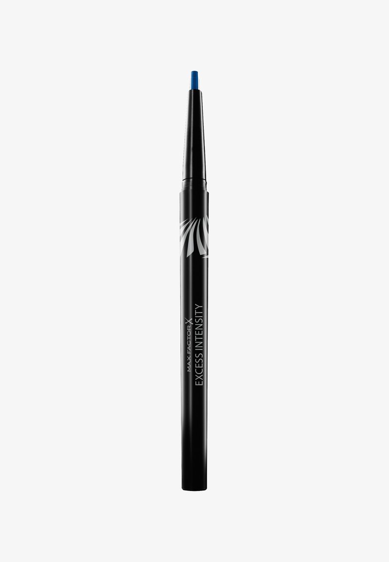 Max Factor Excess Intensity eyeliner i en svart, cylindrisk penna med en avsmalnande spets och blå stift. Har silverfärgad logotyp längs med cylindern.