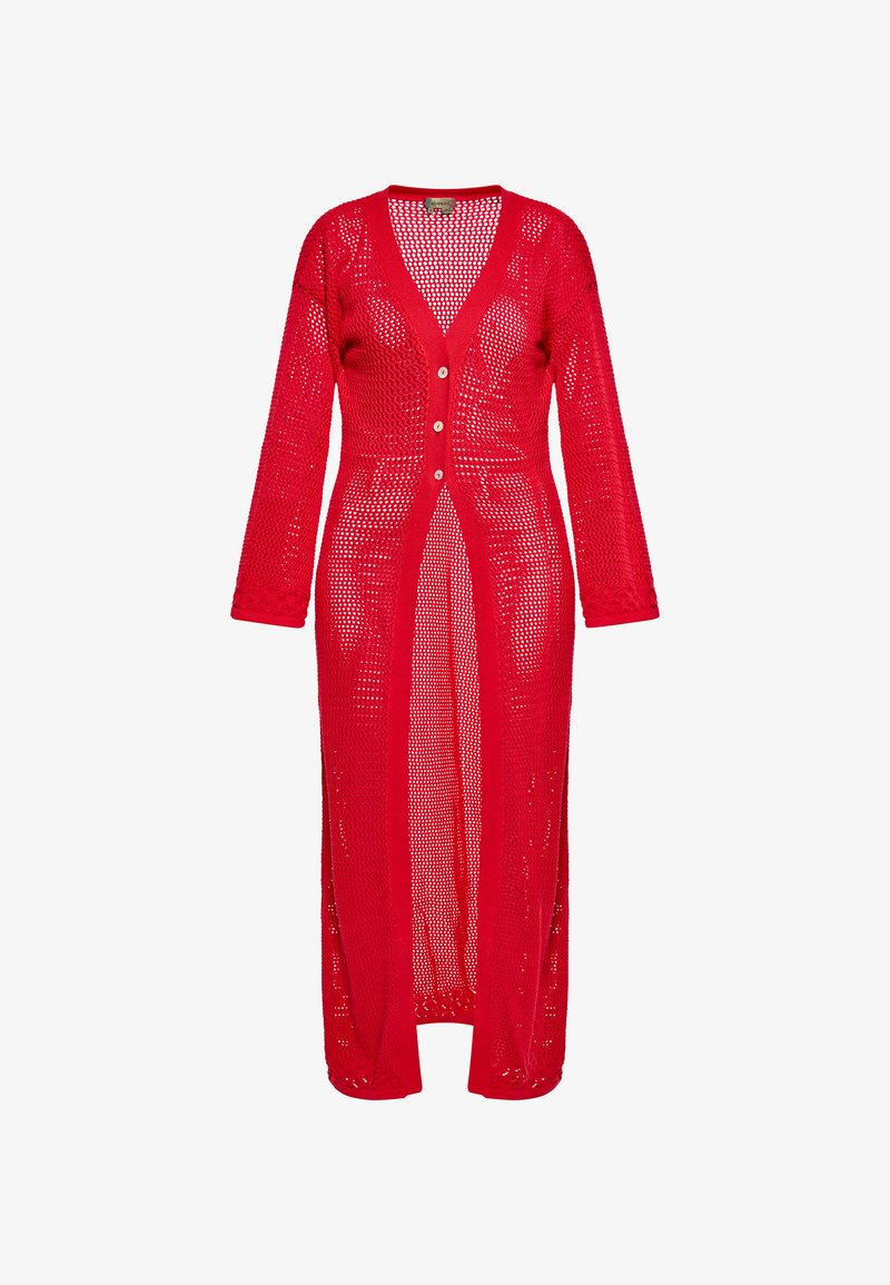 Piros kötött hosszú kardigán V-nyakkal, hosszú ujjakkal és négy gombbal, nyitott elejű és texturált, lélegző anyagból készült.