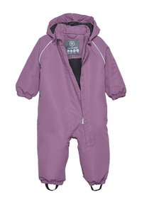 Lila vattentät ytterplagg med huva, elastiska muddar och ankelremmar. Har en dragkedja framtill och mjukt svart foder.