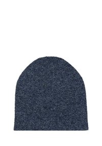 Berretto lavorato a maglia di colore blu scuro con una consistenza morbida, leggermente arrotondato in cima, caratterizzato da puntini di blu chiaro e un design semplice e senza cuciture.