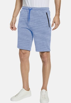 Blue, textured shorts with an elastic waistband and drawstring. Features a zippered pocket on the right side and knee-length cut.