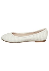 White ballet flat shoe with a textured woven design, low profile, rounded toe, and a thin brown sole. Smooth interior lining.