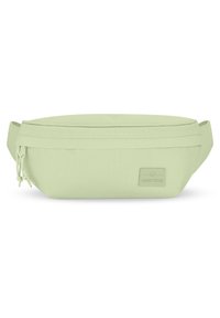 Light green fanny pack made of durable fabric. Features a simple design, flat profile, and a decorative label on the front panel.