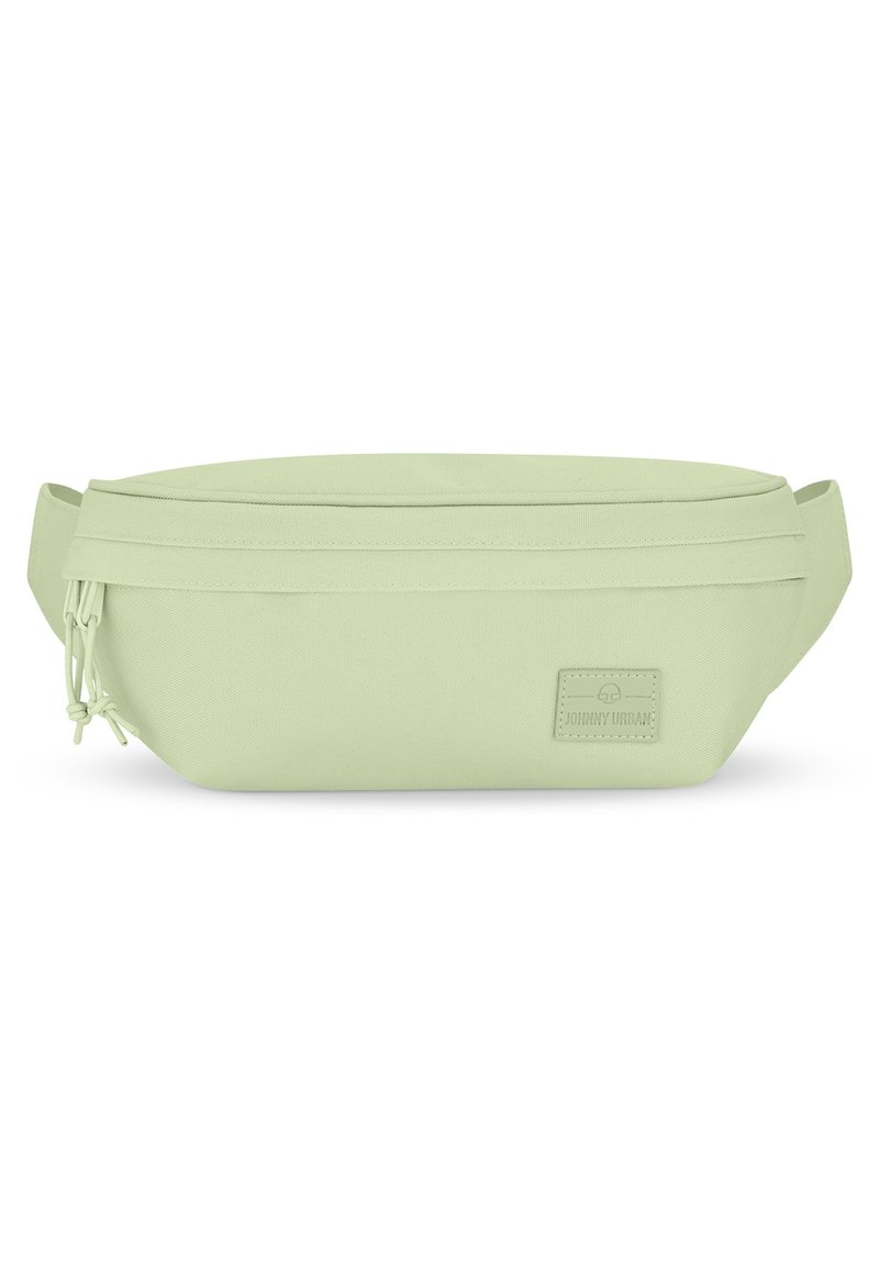 Light green fanny pack made of durable fabric. Features a simple design, flat profile, and a decorative label on the front panel.