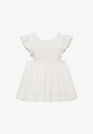 Witte jurk met korte gerimpelde mouwen, aansluitend lijfje en uitlopende rok. Gemaakt van zachte stof met een gladde textuur.