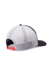 Fekete és szürke baseball sapka hálós háttérrel, szilárd billennyel és piros állítható pánttal. Kontrasztos varrásokkal és kerek koronával rendelkezik.