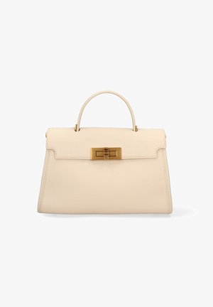 Beige leather handbag with a structured shape, top handle, and gold-tone hardware featuring a rectangular clasp detail on the front.