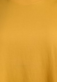T-shirt en coton jaune moutarde avec une texture lisse, col rond et manches courtes. Design simple sans motifs ni embellissements.