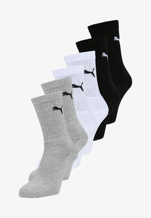 Herren Crew-Socken-Set, bestehend aus drei Paaren: grau, weiß und schwarz. Rippstruktur mit Logo am Knöchel. Material aus Baumwollmischung.