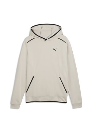 Lysebeige hættetrøje med sort kant på hætte, skuldre, lommer og kant, med en lille sort Puma-logo på brystet.