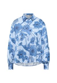 Blusa floreale azzurra con maniche lunghe, caratterizzata da una vestibilità ampia, chiusura con bottoni e motivi floreali blu su uno sfondo più chiaro.