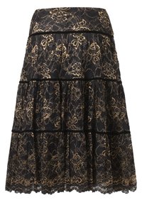 Black lace skirt featuring gold floral patterns, tiered design, black satin trim, and a scalloped hem. Made from lightweight, textured fabric.