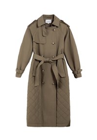 Olivgrüner Trenchcoat mit gestepptem Material, doppelter Knopfleiste, tailliertem Gürtel, Schulterklappen und Manschettenriemen.
