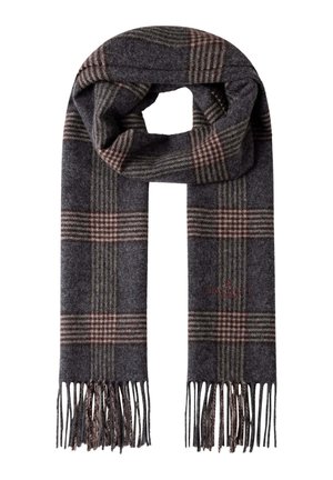 Dark gray wool scarf with brown and beige plaid pattern, fringed ends, and small embroidered logo on one side.